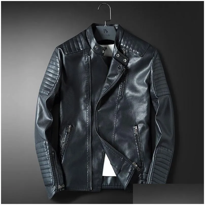 wholesale- ledingsen mens blue motorcycle leather jacket men slim fit red casual jacket coat autumn winter leather clothing
