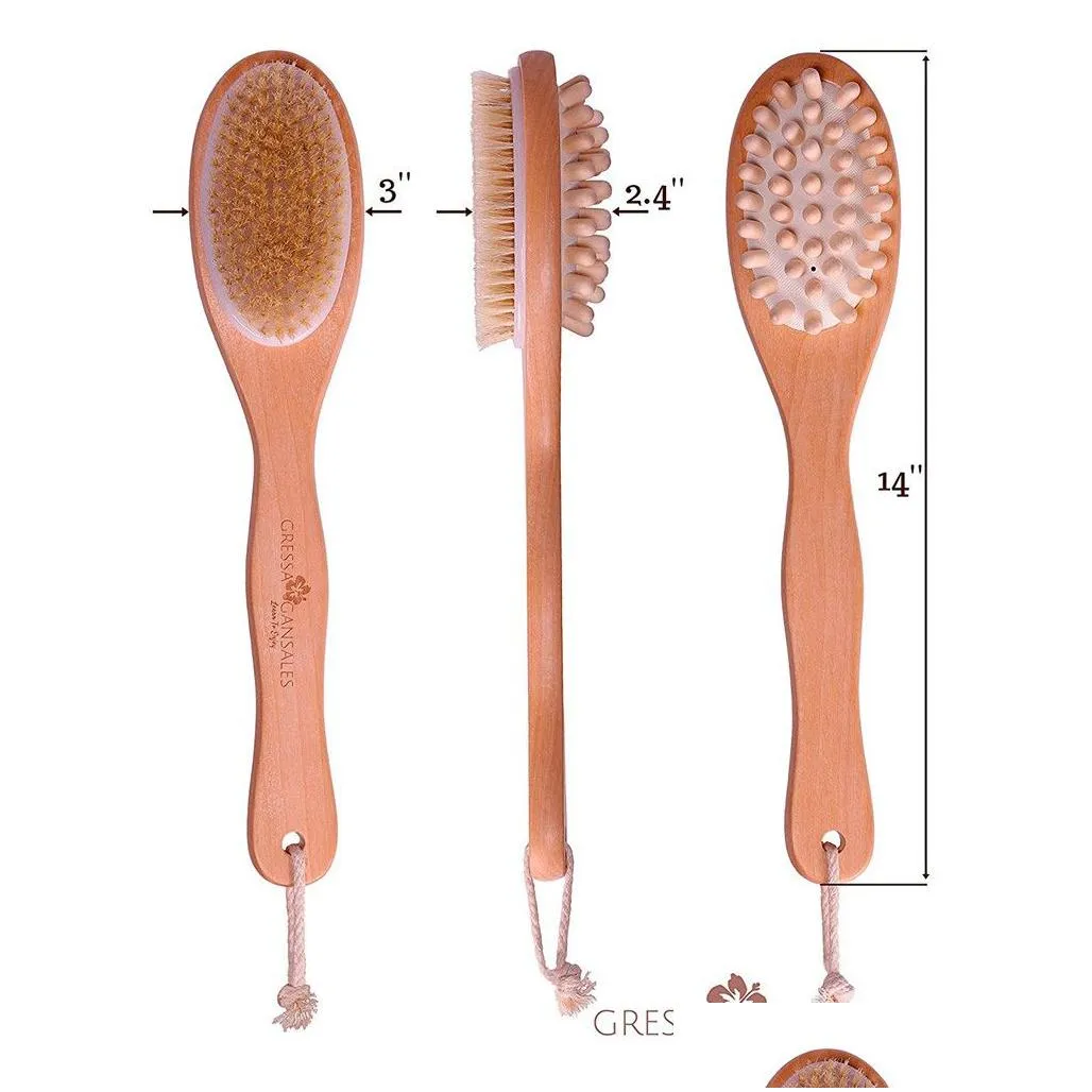  2-in-1 sided natural bristles spa shower brush bath body massage brushes wooden long handle scrubber