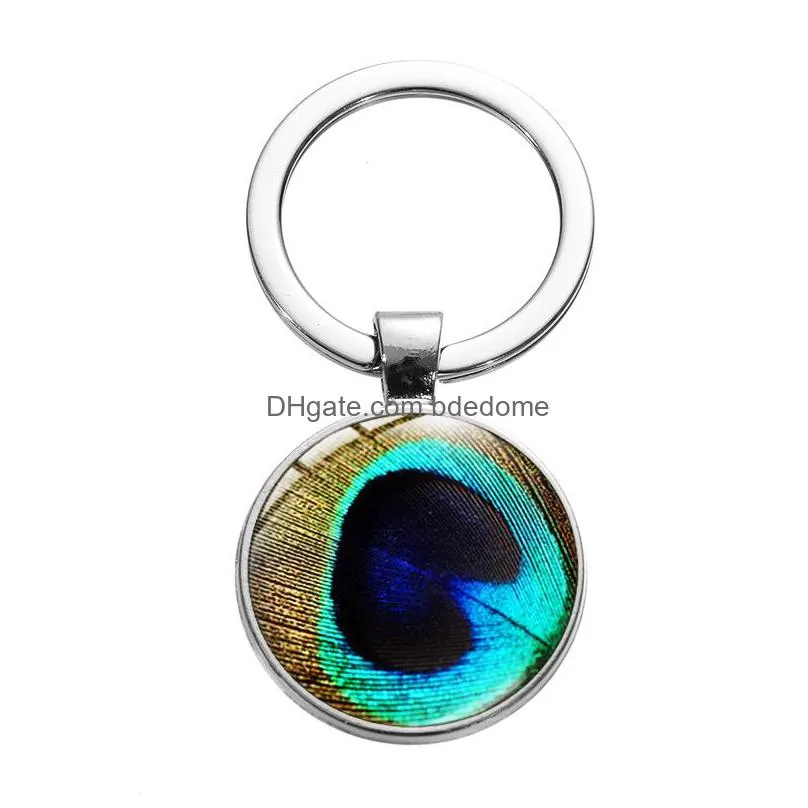 green peacock feather keychain multicolor plume pattern ethnic style glass round key ring chaveiro for women art collect