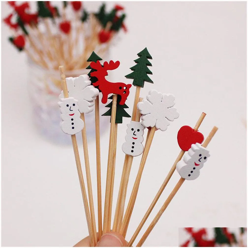 factory bar tools 100 pieces christmas cocktail picks assorted handmade santa claus snowflake snowman fruits bamboo toothpicks for drink fruit dessert