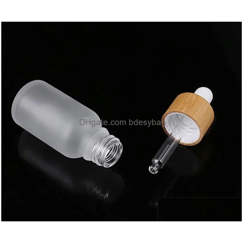 1 oz dropper bottles serum glass bottle with bamboo lid cap  oil frosted green 15ml 20 30ml