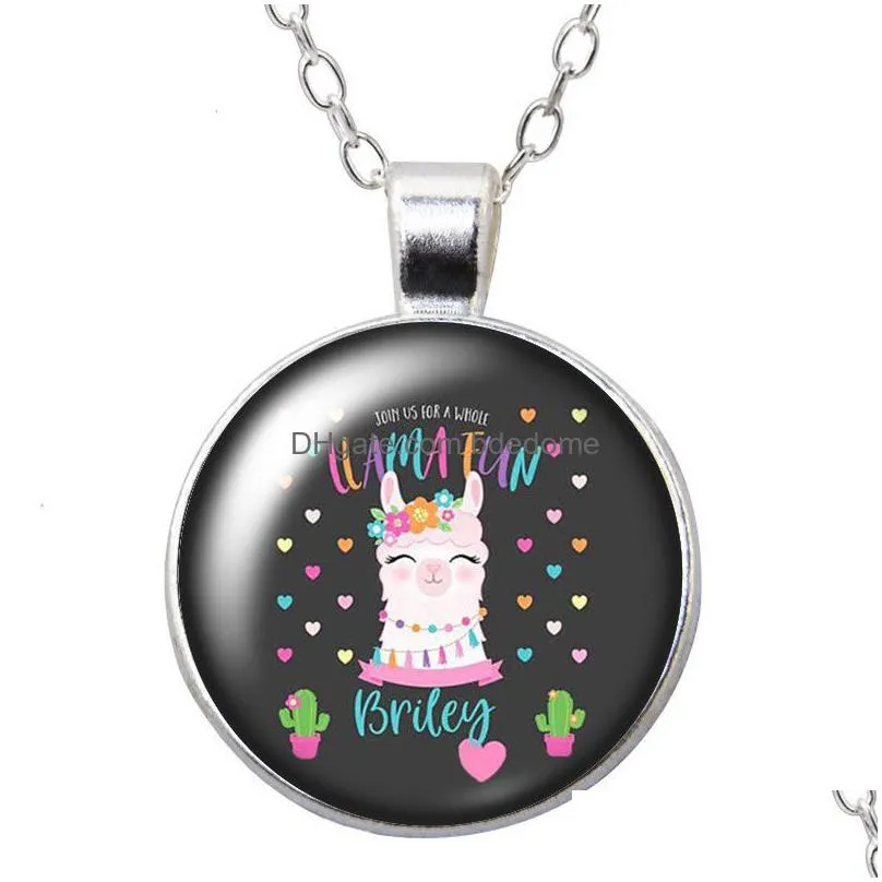 cute alpaca no drama llama round pendant necklace 25mm glass cabochon silver color jewelry women party birthday gift 50cm