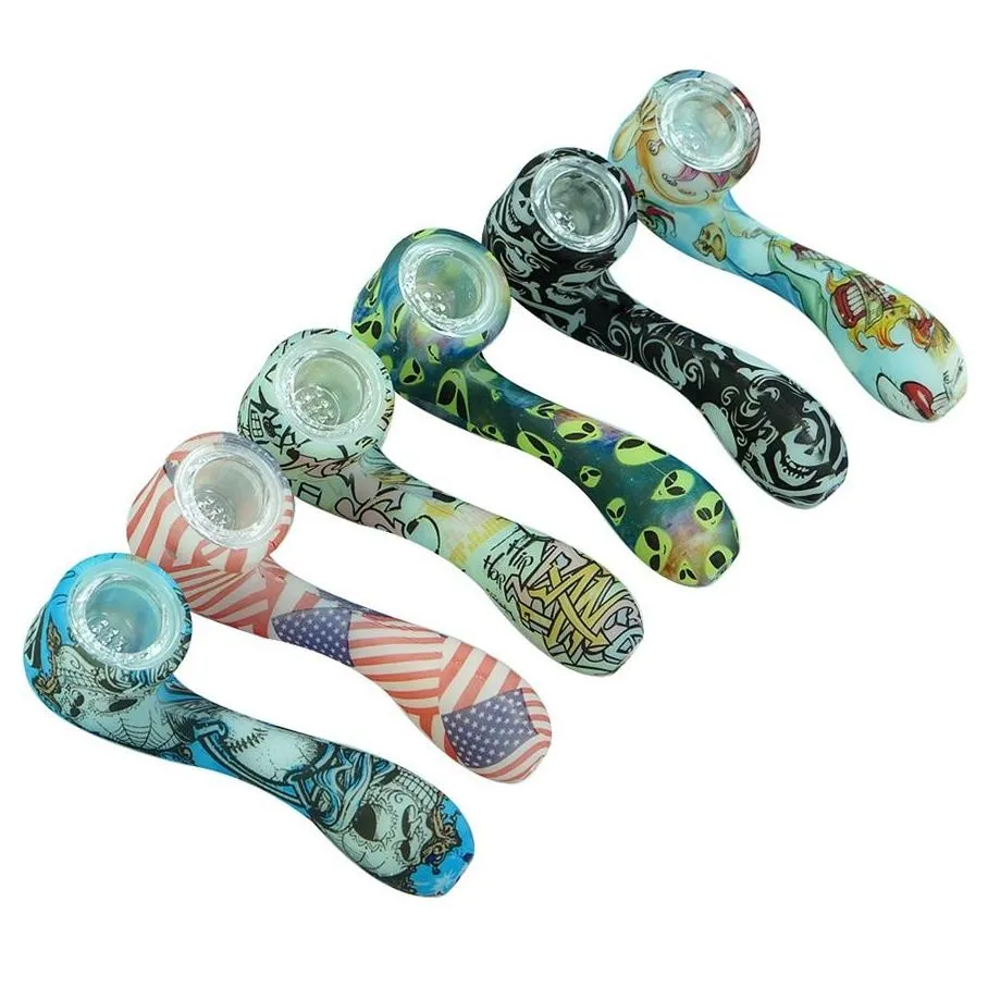 dhs glow in the dark silicone pipes glass pipe for 7 word shape smoking pipes with hidden bowl piece bent spoon type unbreakable