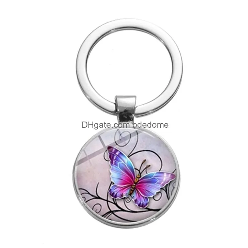 romantic purple butterfly keychain a pair of butterflies vintage flower art picture glass key chain women girl bag charms