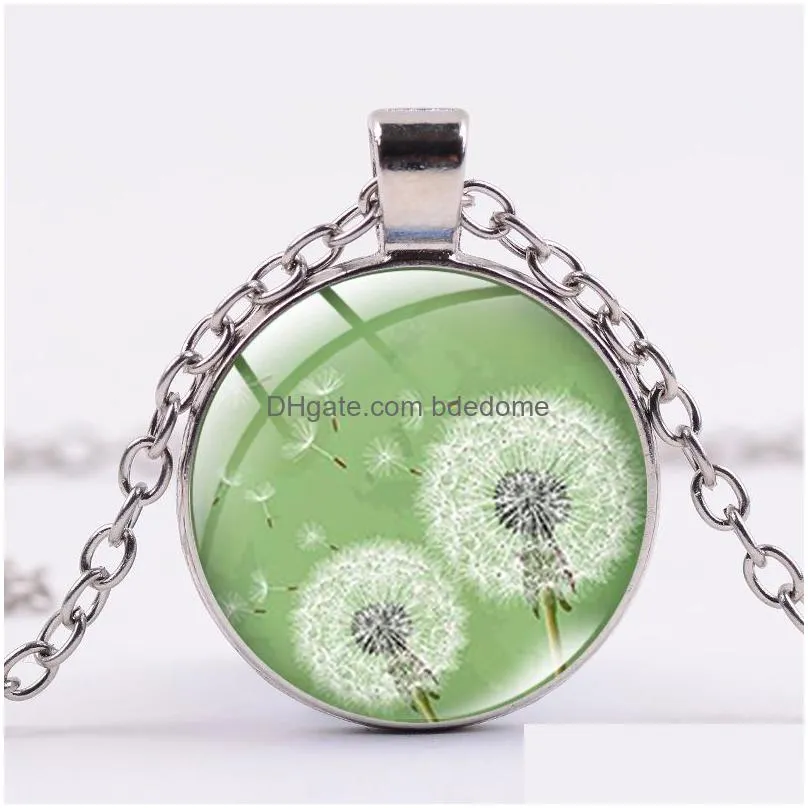 charm purple dandelion lucky necklace flowers art printed glass crystal dome pendant plant jewelry for female party