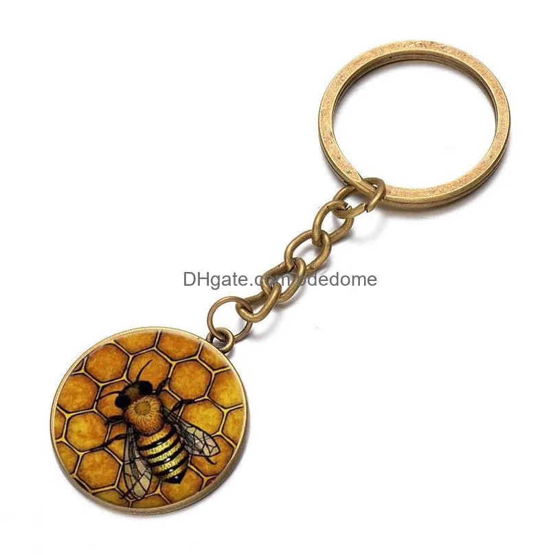 gold bee honeycomb keychain fashion honeybee insect steampunk glass cabochon pendant car key ring beekeeper gift souvenir