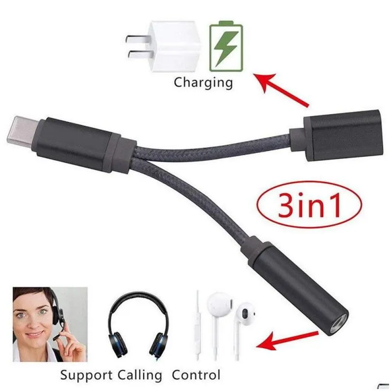  est 2 in1 typec convertor usb type c charging cable 35mm audio earphone headphone adapter for xiaomi for  samsung1377362
