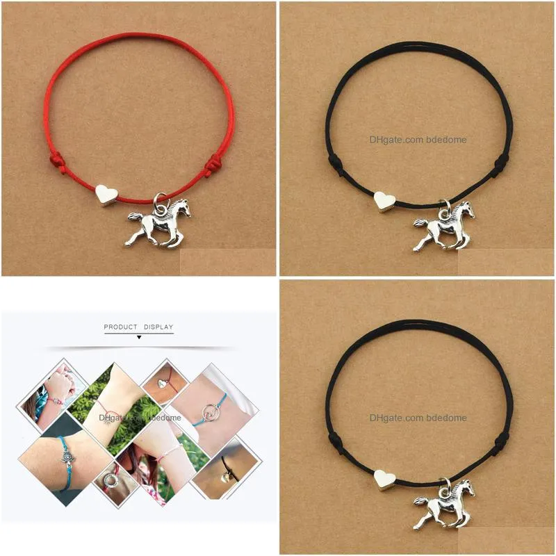 vintage running horse pendant heart charm lucky red cord rope adjustable bracelets for women men animal horse jewelry gifts