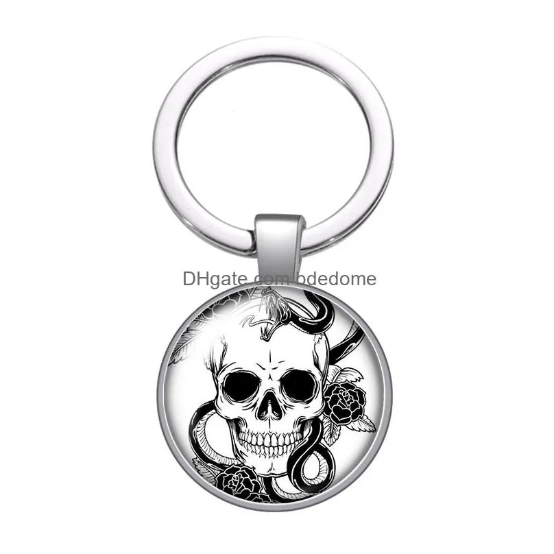punk skull rose skull fashion glass cabochon keychain bag car key chain ring holder silver plated keychains for men women gifts