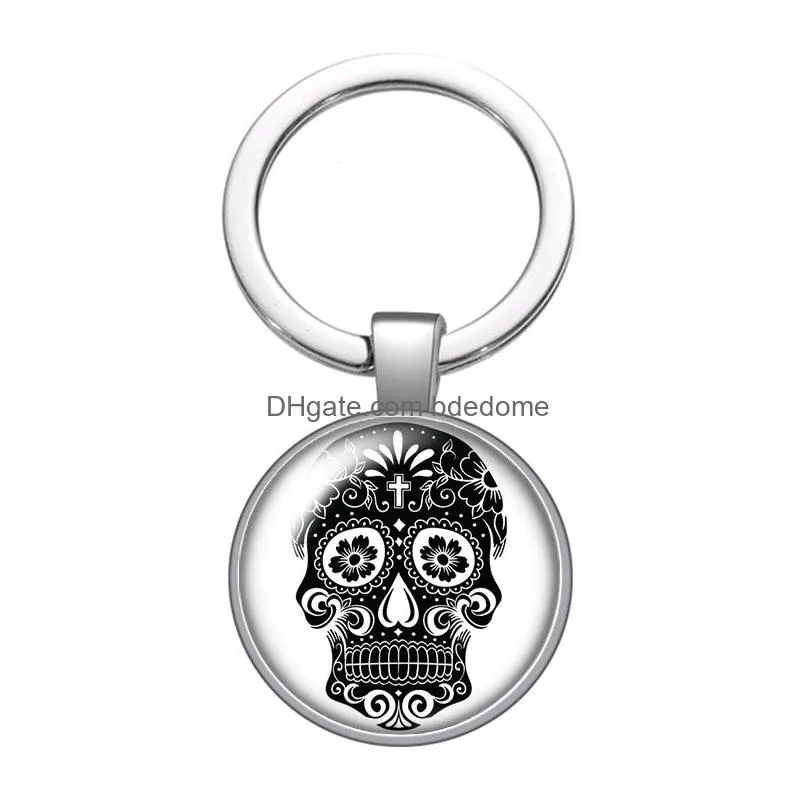 punk skull rose skull fashion glass cabochon keychain bag car key chain ring holder silver plated keychains for men women gifts