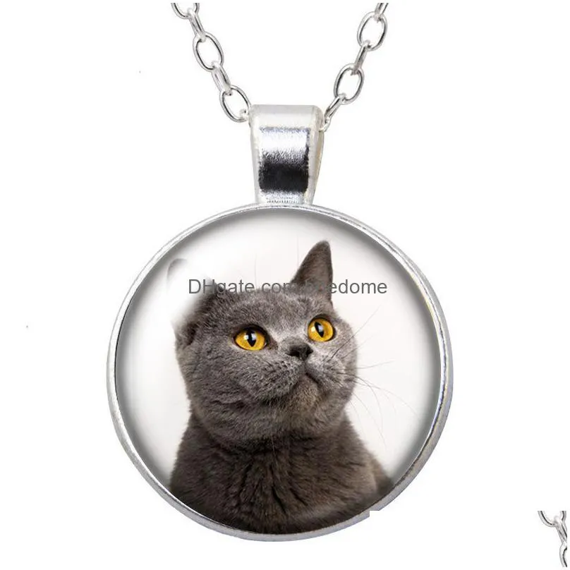 love cat love pet cats animals round pendant necklace 25mm glass cabochon silver plated jewelry women party birthday gift 50cm