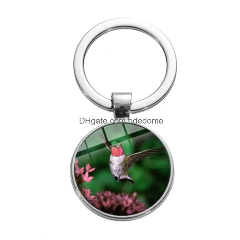 bird on the branch photo keychain blue hummingbird gather honey flowers glass round key ring men women animal key holder