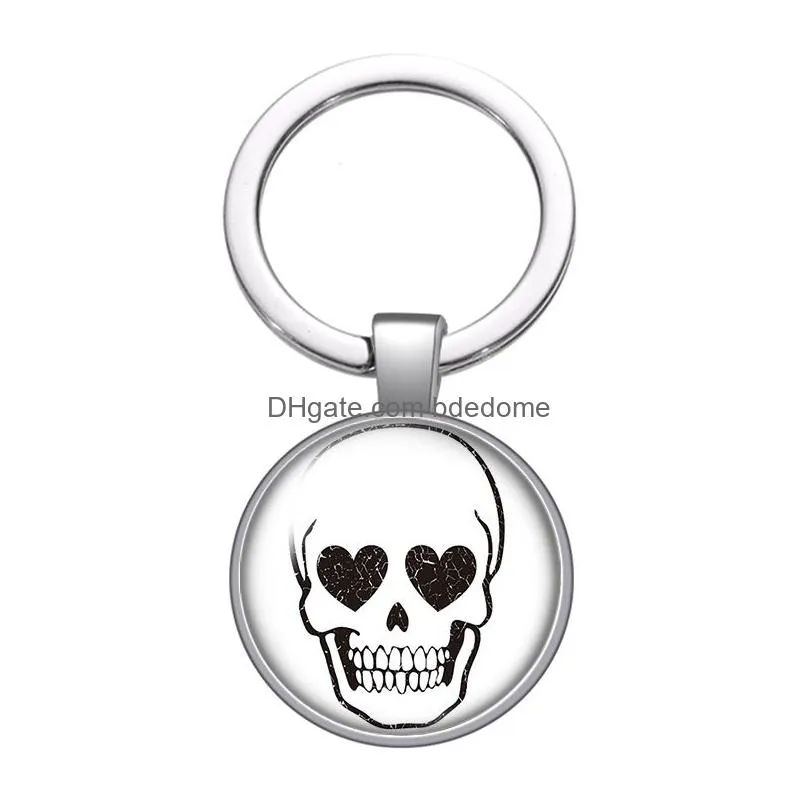 punk skull rose skull fashion glass cabochon keychain bag car key chain ring holder silver plated keychains for men women gifts