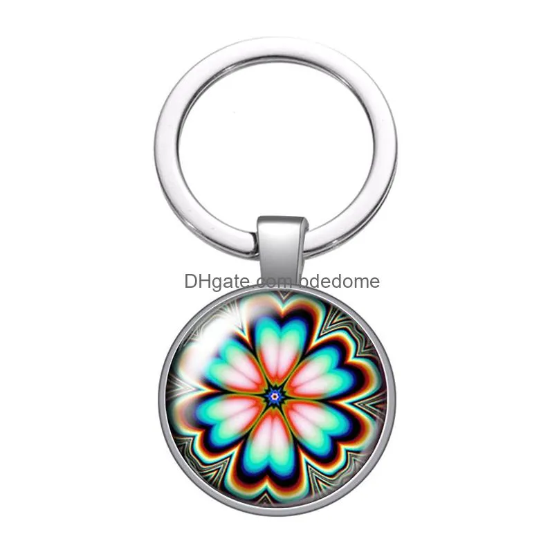 flowers sakura daisy beauty patterns glass cabochon keychain bag car key rings holder charms silver plated key chains women gift