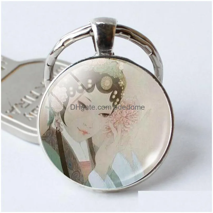 peking opera statement keychains cabochon glass key chain for women men bag chain car keychain silver color metal jewelry