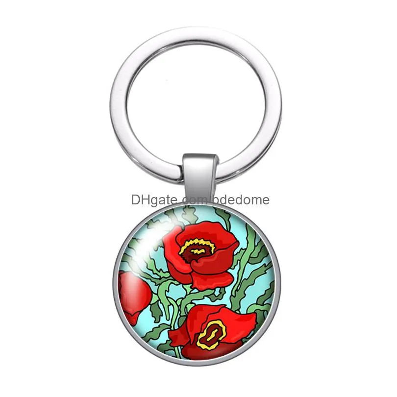 colorful beauty flowers fashion glass cabochon keychain bag car key rings holder charms silver plated key chains women gifts