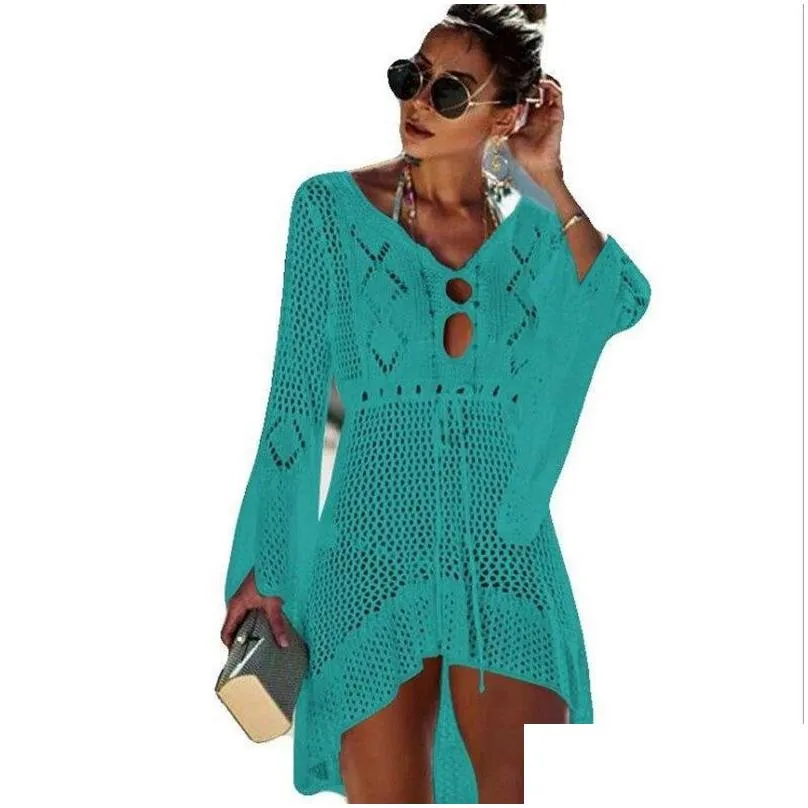  beach cover up cloghet for women knitted tassel tie beachwear summer fashion swimsuit cover up sexy see-through beach dress