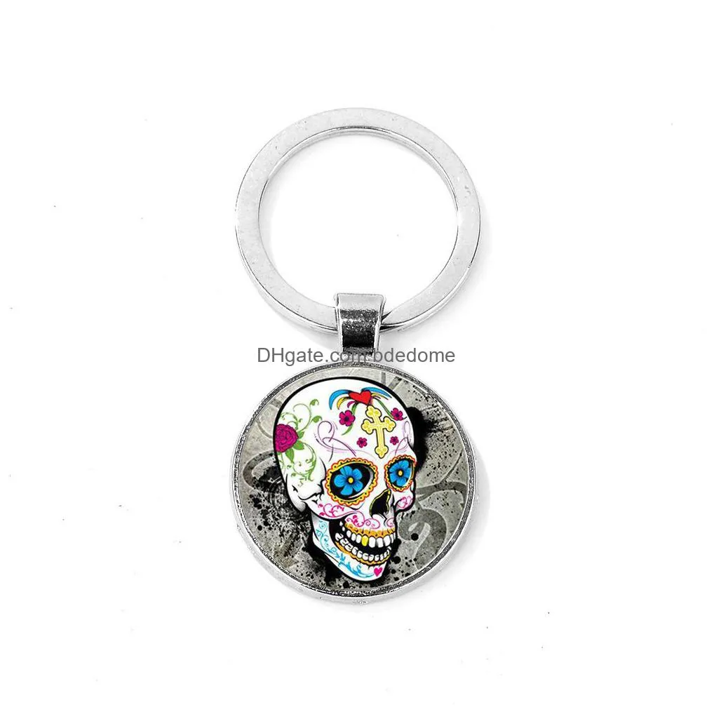mexico sugar skull keychain hot folk art skull pattern day of the dead glass round key chain handmade halloween key ring