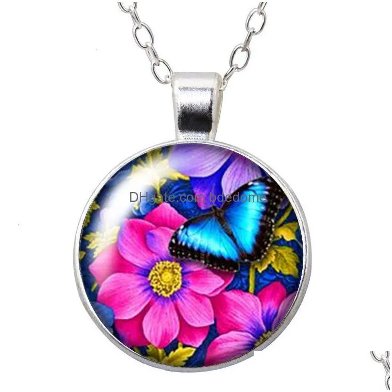 beauty fantastic butterfly colorful round pendant necklace 25mm glass cabochon silver color jewelry women birthday gift 50cm