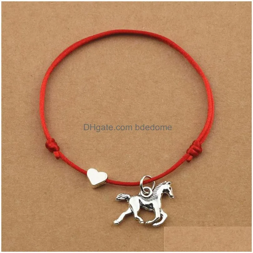 vintage running horse pendant heart charm lucky red cord rope adjustable bracelets for women men animal horse jewelry gifts