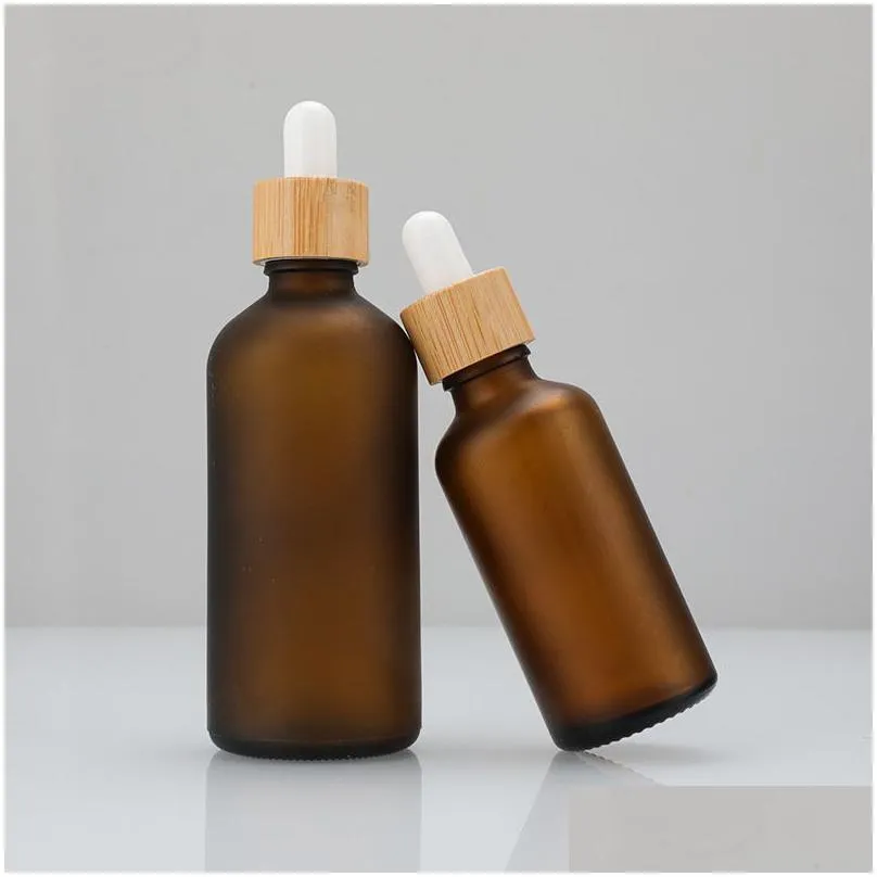 frosted brown glass dropper bottle with bamboo lid top cosmetic cuticle hair essential oil bottles