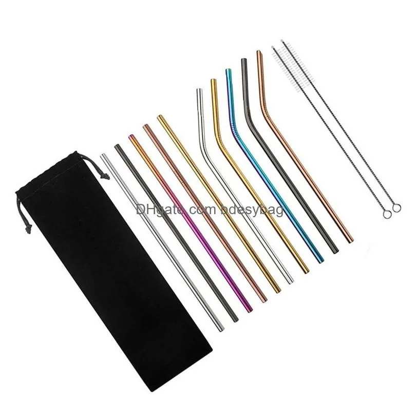 6x241mm colorful stainless steel straws reusable straight and bent metal drinking straw cleaning brush for home kitchen bar