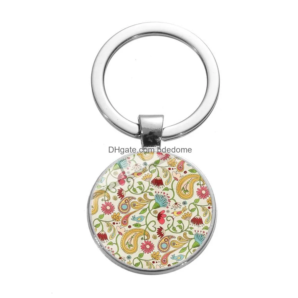 paisley mandala flower art keychain indian culture glass cabochon metal key chain vintage key holder charm bohemian gift
