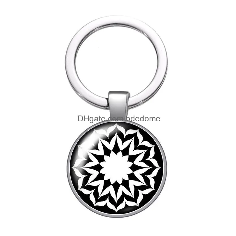 new black patterns flowers glass cabochon keychain bag car key chain ring holder charms silver color keychains for women gifts