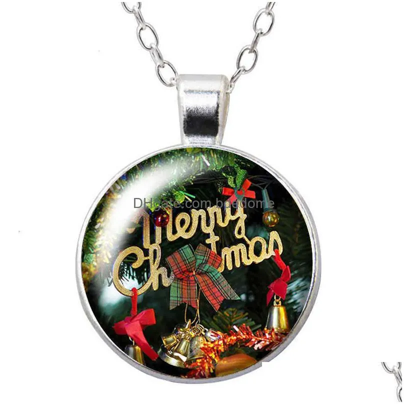 christmas reindeer bells round pendant necklace 25mm glass cabochon silver plated/crystal jewelry women girl birthday gift 50cm