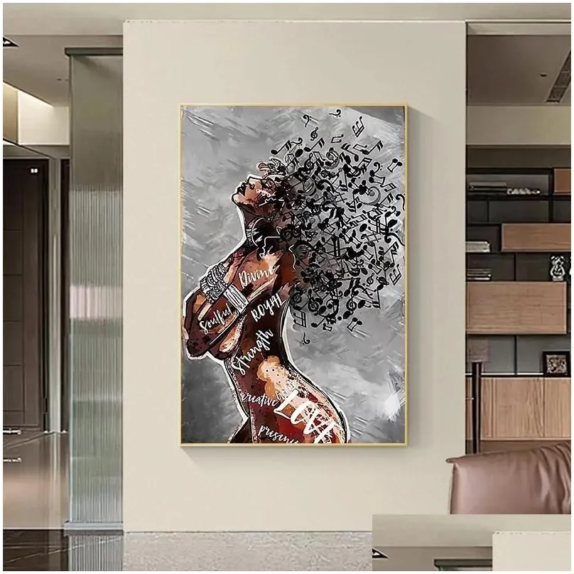 paintings abstract african girl canvas posters and prints music symbol black woman art painting wall pcitures for home decor