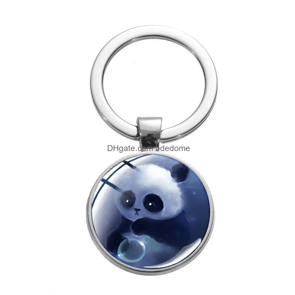 cute panda animal keychain funny black eyes cartoon panda glass dome handmade metal key ring children birthday gifts