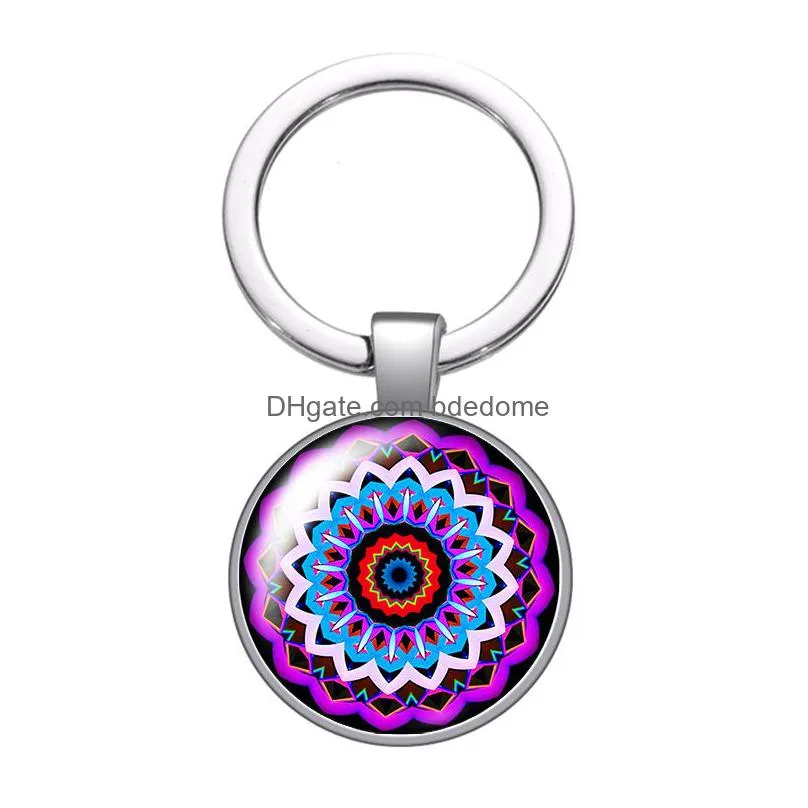 colorful dots patterns flowers fashion glass cabochon keychain bag car key rings holder silver plated key chains men women gifts