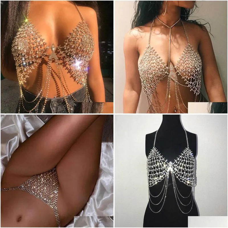 sier shiny rhinestone two piece set tassel low cut backless grid crop top diamonds sexy panty women party matching sets q0527