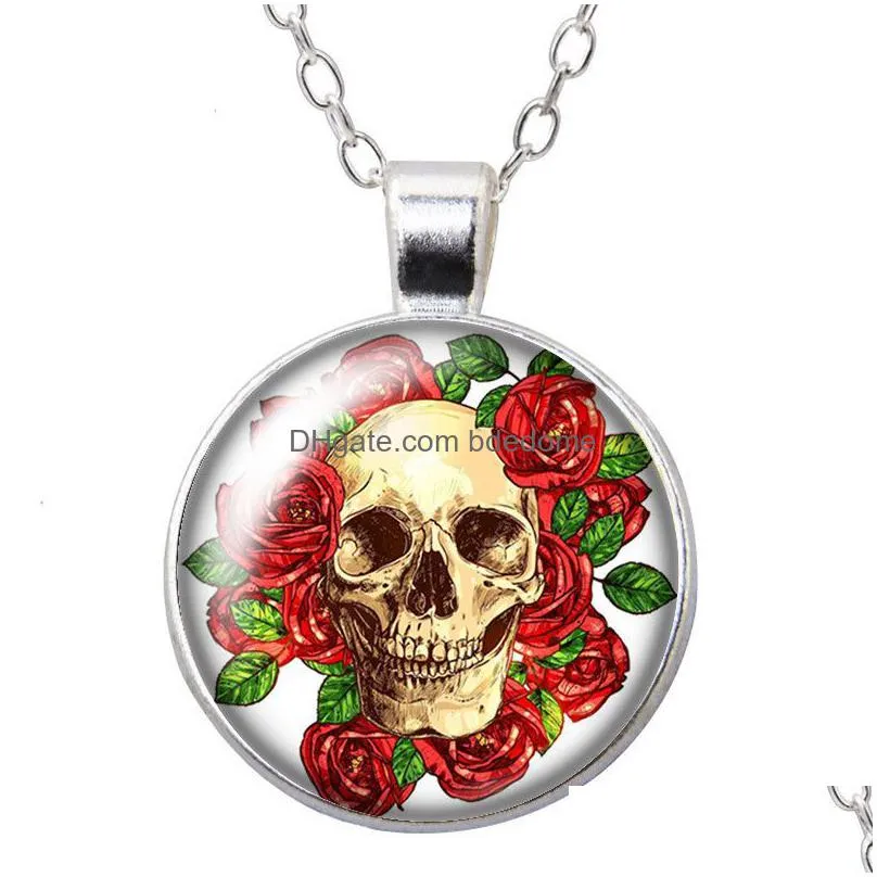 rose skull punk round pendant necklace 25mm glass cabochon silver plated jewelry women party birthday gift 50cm