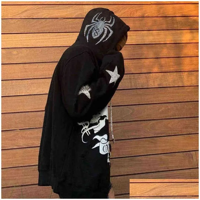 mens hoodies sweatshirts rhinestones spider web skeleton print black y2k goth long-sleeve full zip hoodies oversized jacket american fashion -selling