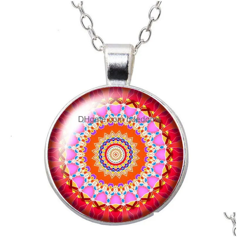 magical colorful patterns flowers love round pendant necklace 25mm glass cabochon silver plated jewelry women birthday gift 50cm