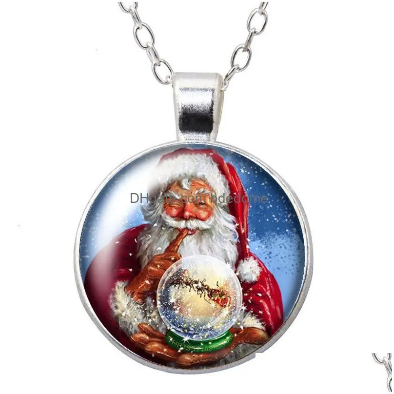 merry christmas santa claus gift round pendant necklace 25mm glass cabochon silver color jewelry women party birthday gift 50cm