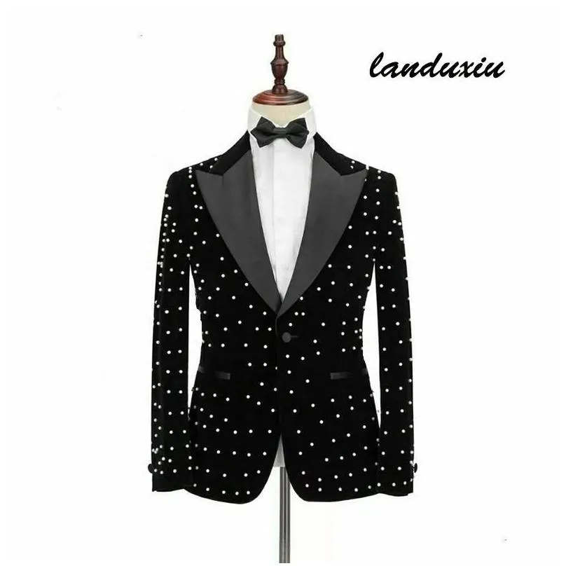 mens suits blazers black white polka dots velvet men costume homme groom tuxedos wedding slim fit party blazer landuxiu