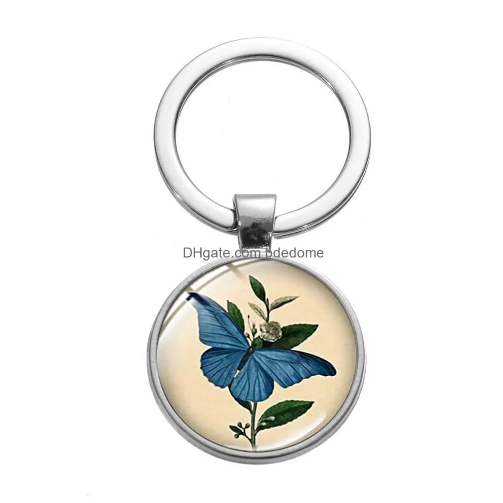 new vintage blue butterfly keychain glass cabochon silver plated key chain flower print elegant women girl trinkets