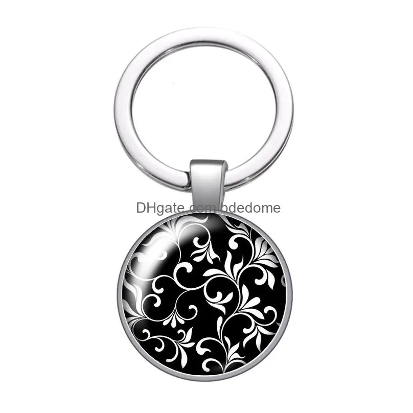 new black patterns flowers glass cabochon keychain bag car key chain ring holder charms silver color keychains for women gifts