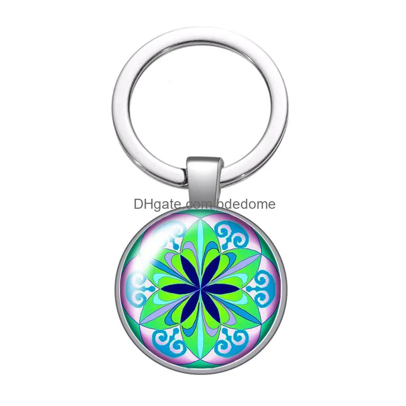 colorful dots patterns flowers fashion glass cabochon keychain bag car key rings holder silver plated key chains men women gifts