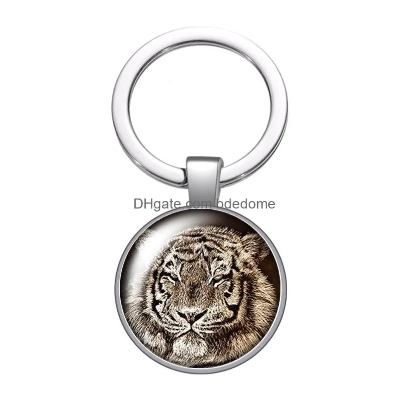 animals  tiger leopard face beast glass cabochon keychain bag car key rings holder silver plated key chains men women gifts