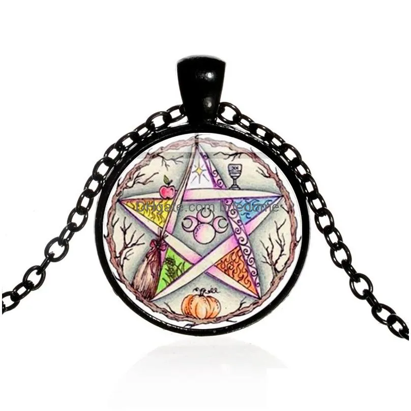 supernatural esoteric pentagram necklace tree of life triple moon wicca star glass gem pendant 4 colors long chain amulet
