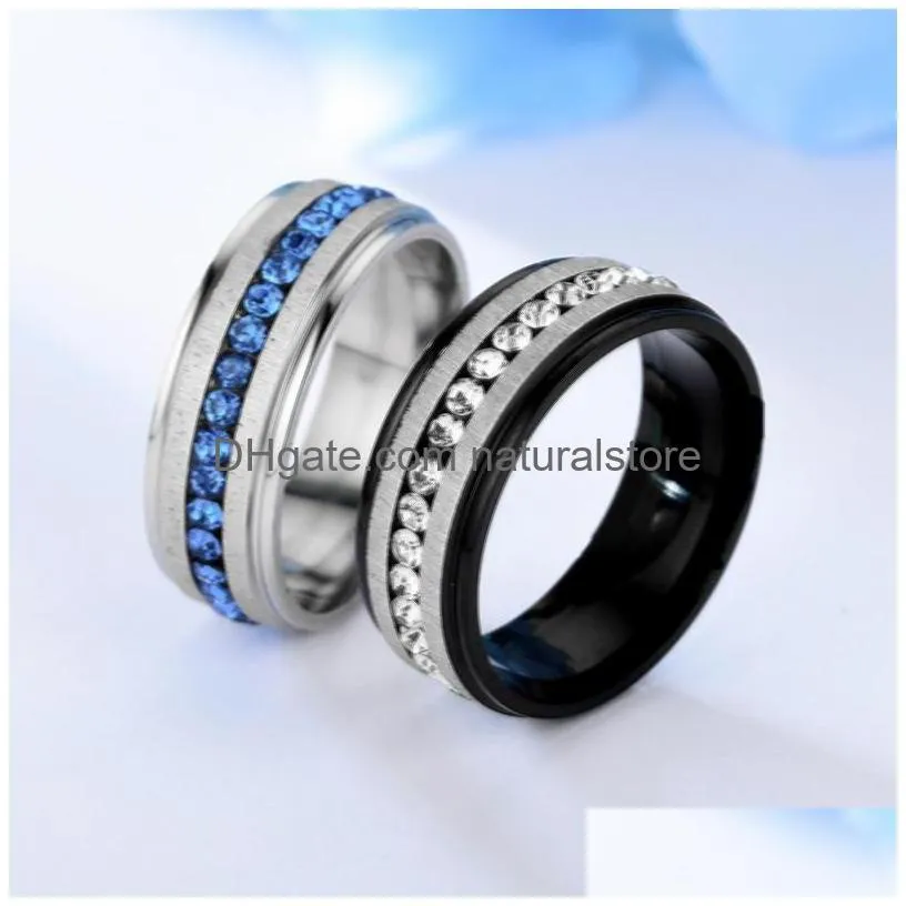 stainless steel diamond ring band finger white blue single row crystal engagement wed rings women men fashion jewelry will and sandy