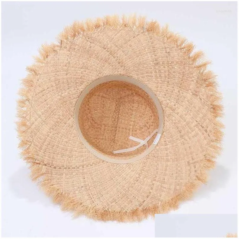 wide brim hats summer handmade natural raffia women flat top straw hat beach lady holiday panama sun protection hatwide