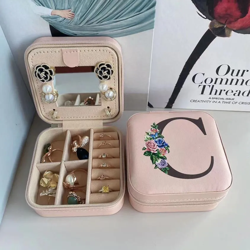 mirror jewelry box organizer display travel zipper case boxes pu leather letter portable earrings necklace ring box packaging display