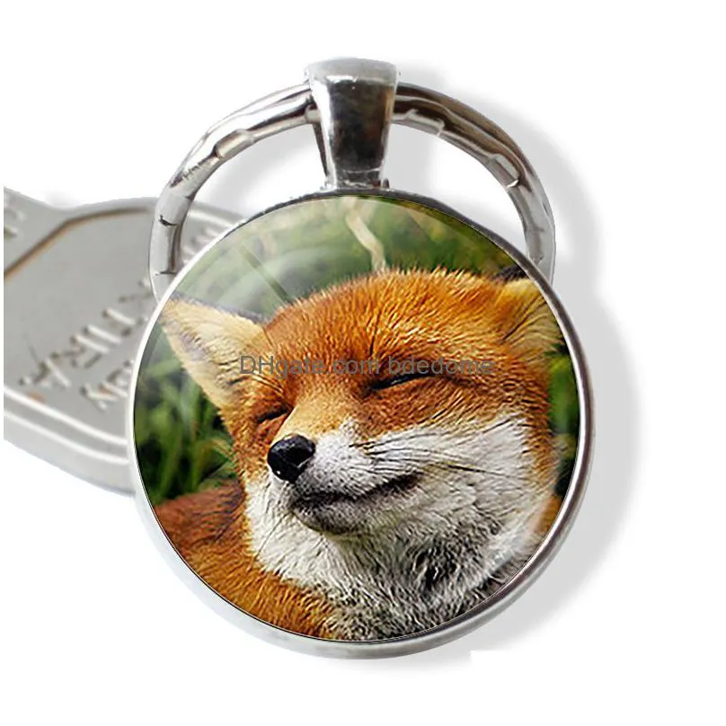 lovely fox picture glass cabochon keychain animal pendant metal key rings christmas gifts for kids dropshipping