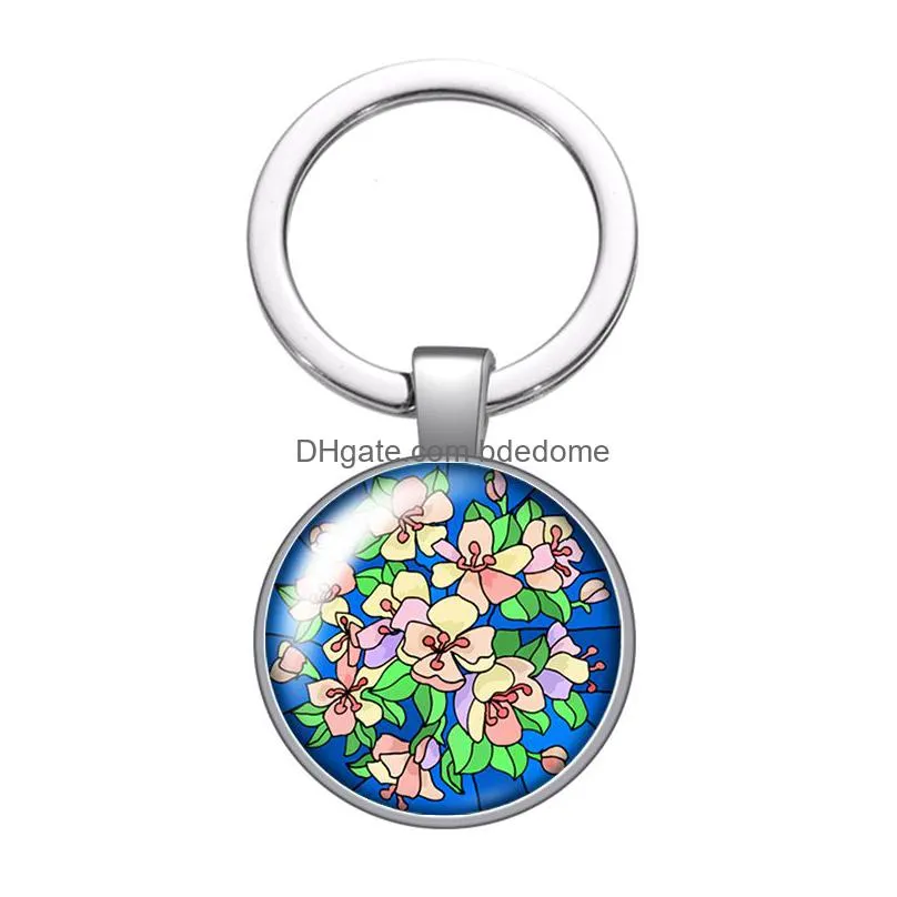 colorful beauty flowers fashion glass cabochon keychain bag car key rings holder charms silver plated key chains women gifts