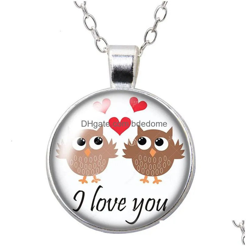 lovely owl love couple hope animals round pendant necklace 25mm glass cabochon silver color jewelry women party birthday gift