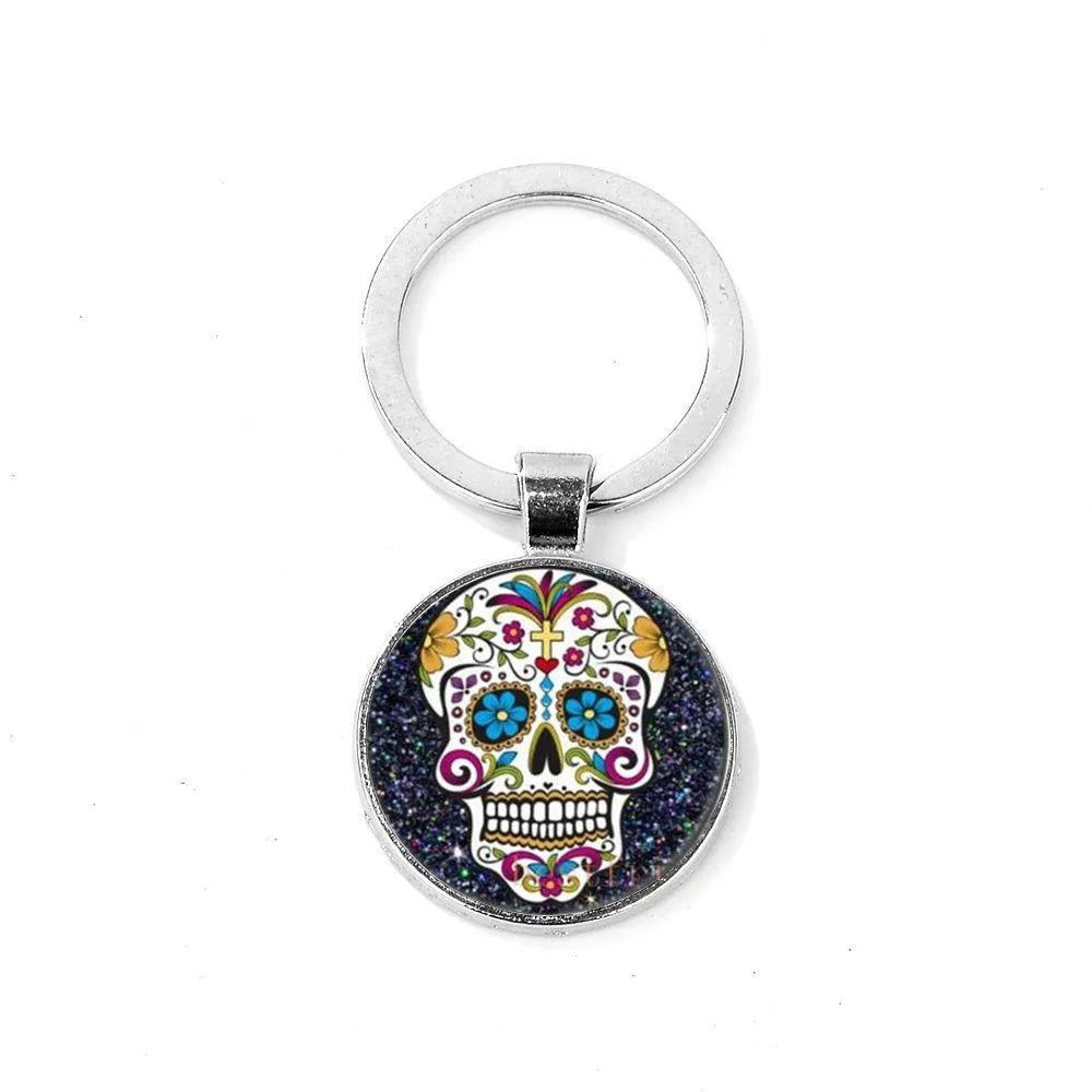 mexico sugar skull keychain hot folk art skull pattern day of the dead glass round key chain handmade halloween key ring